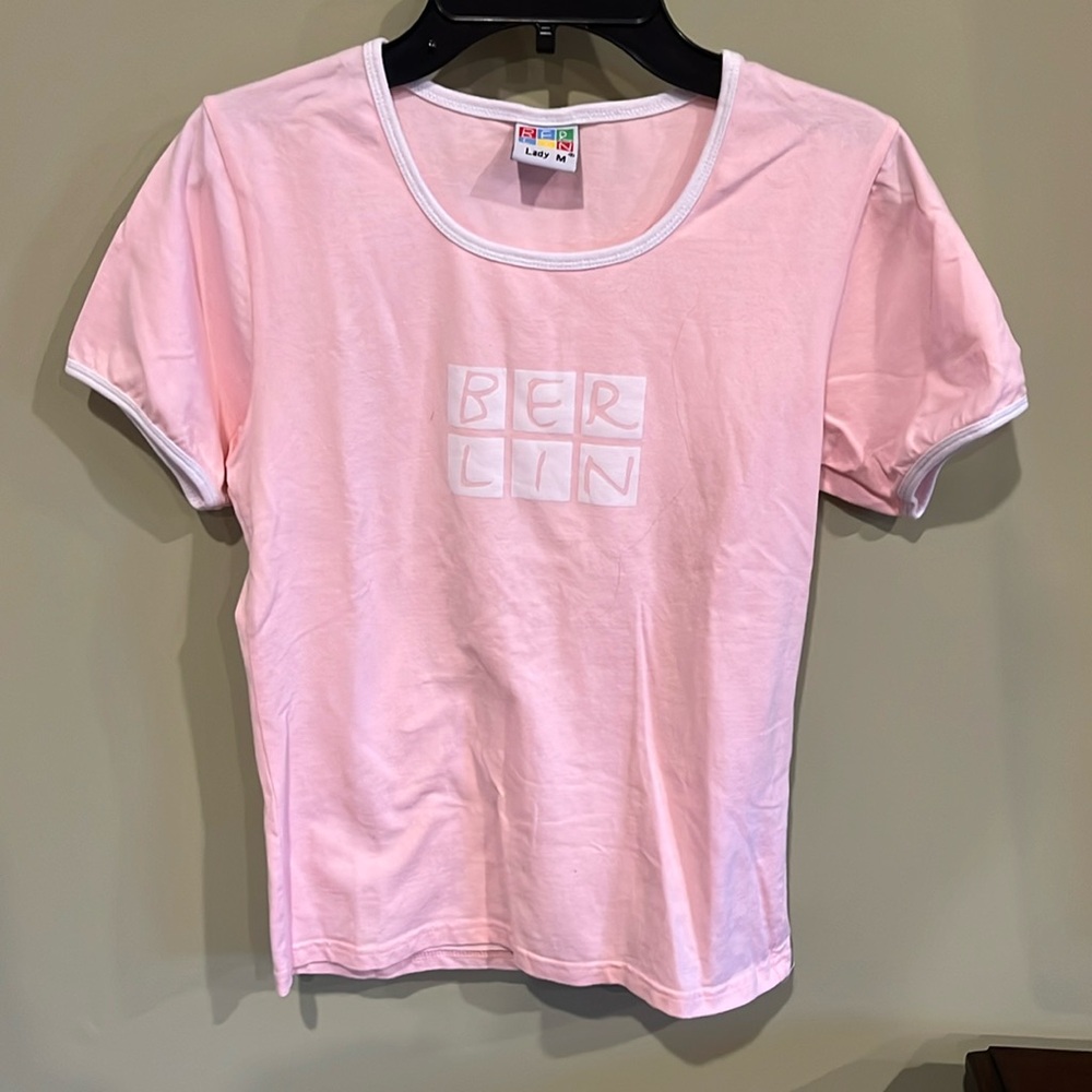 Soft Pastel Pink BERLIN Tshirt with White Trim. Size M.